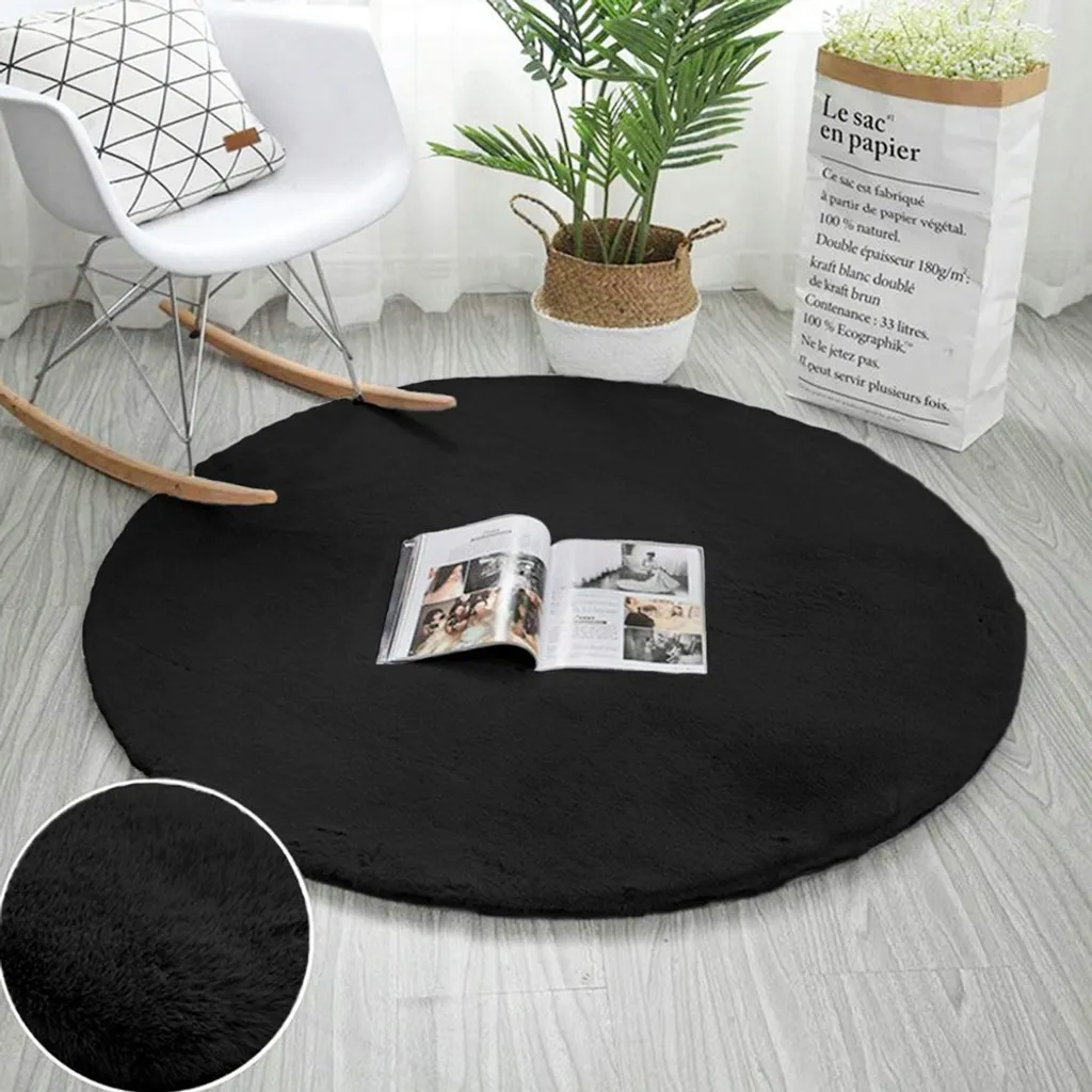 Tapis Rond Noir Effet Peau de Lapin 200cm - Gamme Strado pour Salon