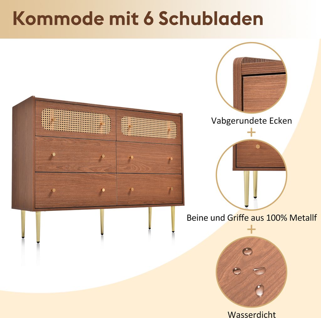 Rattanowa komoda z 6 szufladami i regulowaną półką, orzech Zdjęcie produktu 10