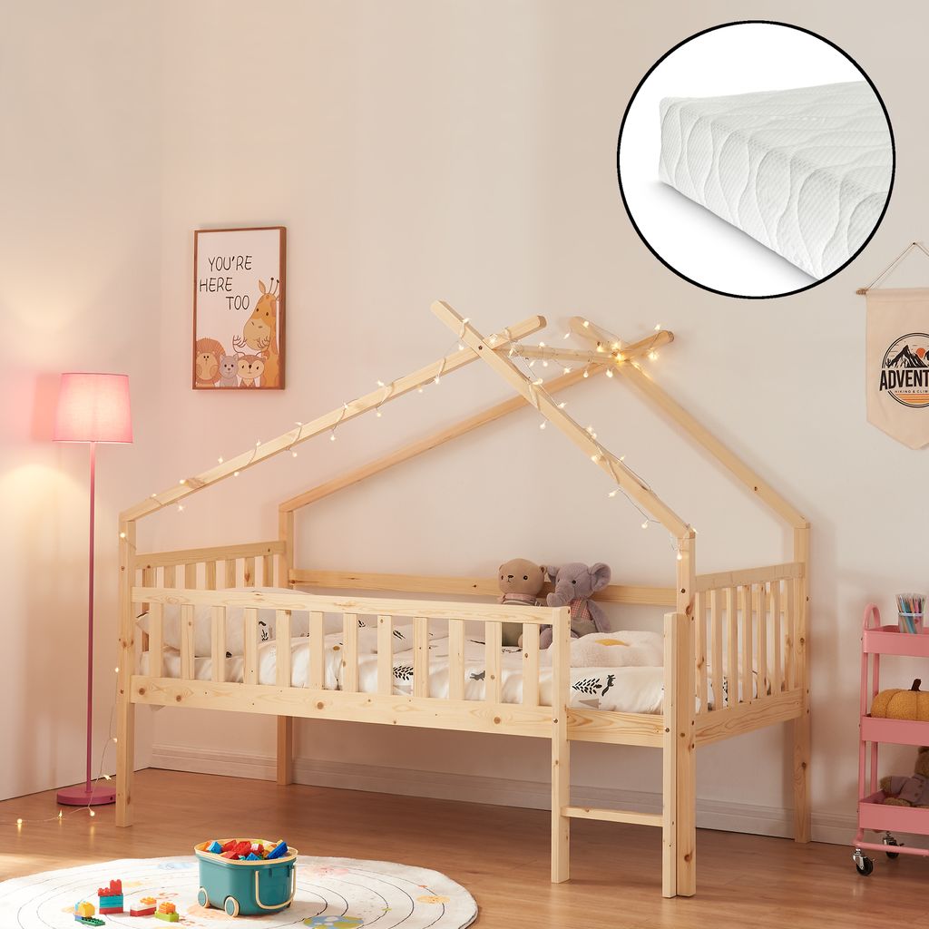 Hausbett 'Sotkamo' 90x200cm mit Matratze mit Rausfallschutz Kiefernholz Natur