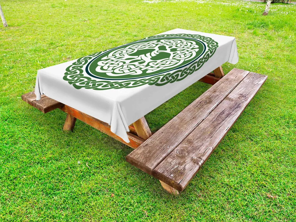 ABAKUHAUS Tovaglia celtica da esterno, illustrazione dell'albero della vita celtico su un cerchio verde con bordo decorativo, verde felce verde acqua scuro, 145x265 cm