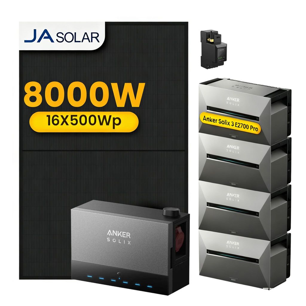 Powerness Balkonkraftwerk mit Speicher,Anker Multisystem SOLIX Power Dock mit 4x Anker Solarbank 3 E2700 Pro & 16x 500W JA Solar Modulen & Smart Meter