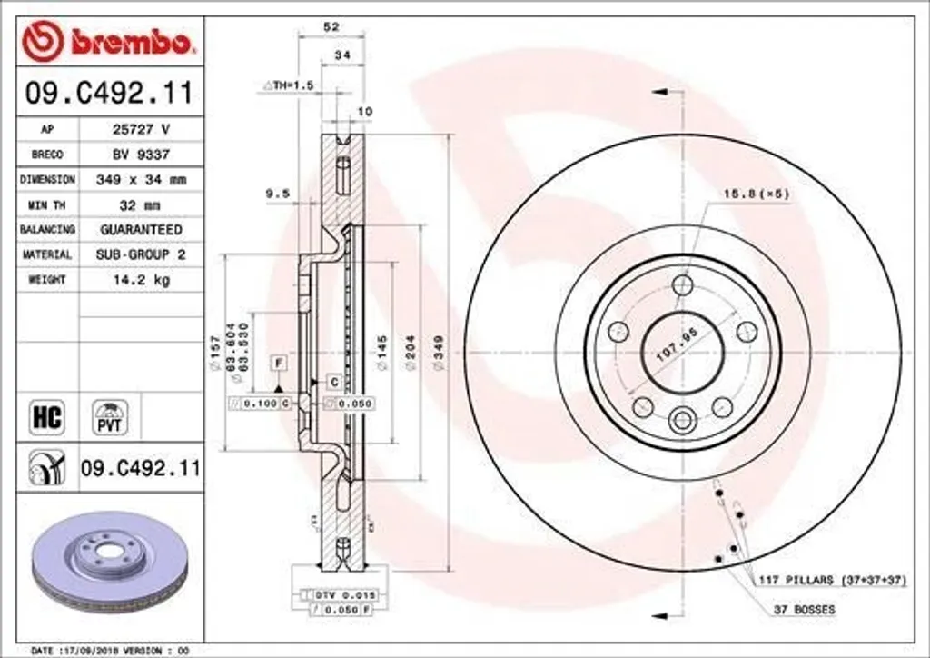 Brembo 09.C492.11 Disque de Frein Avant pour Range Rover Evoque L538