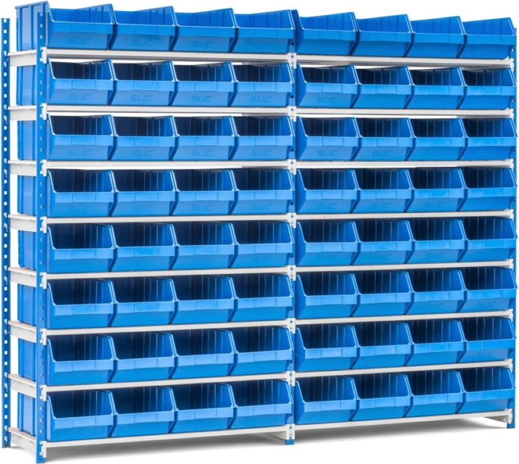 Fachbodenregal MAXIMUS mit 64x Sichtlagerboxen à 31,5L | Fachlast 152kg | Komplettregal | HxBxT 200x250x50cm | 8 Ebenen | Lichtblau/Lichtgrau