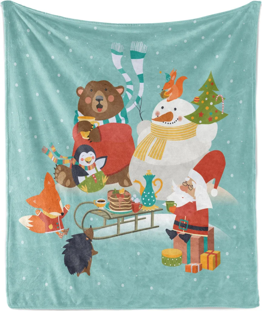 ABAKUHAUS Coperta natalizia in morbido pile di flanella, divertenti amici invernali pupazzo di neve, orso, volpe, pinguino, Babbo Natale, tea party, 175 x 230 cm, verde acqua chiaro e multicolore