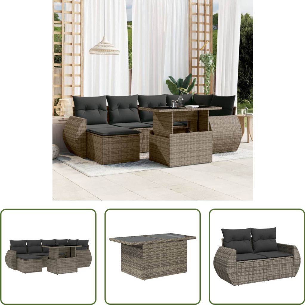 The Living Store 7-tlg. Garten-Sofagarnitur mit Kissen Grau Poly Rattan