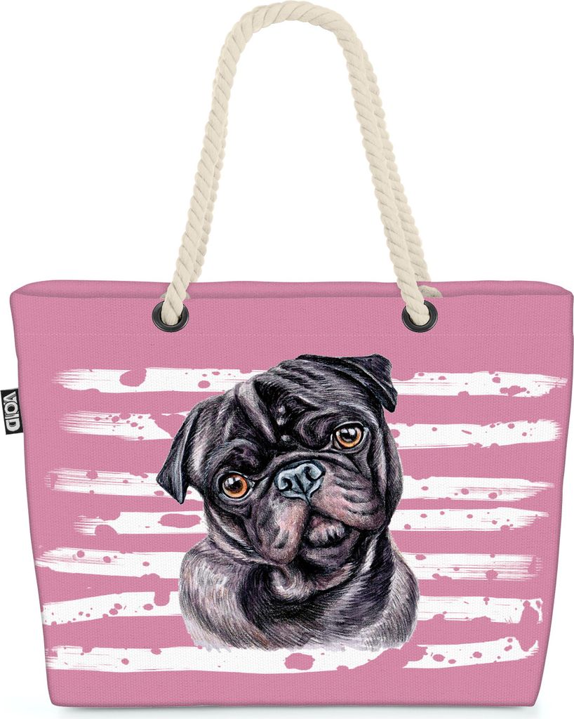 VOID XXL Strandtasche Mops Shopper Tasche 58x38x16cm 23L Beach Bag schwarz, Kissen Farbe:Rosa
