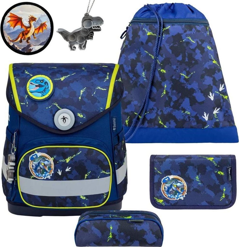 Belmil Compact ergonomisches Schulranzen-Set 5-teilig "T-rex" mit Brustgurt, Magnetverschluss, einem Patch