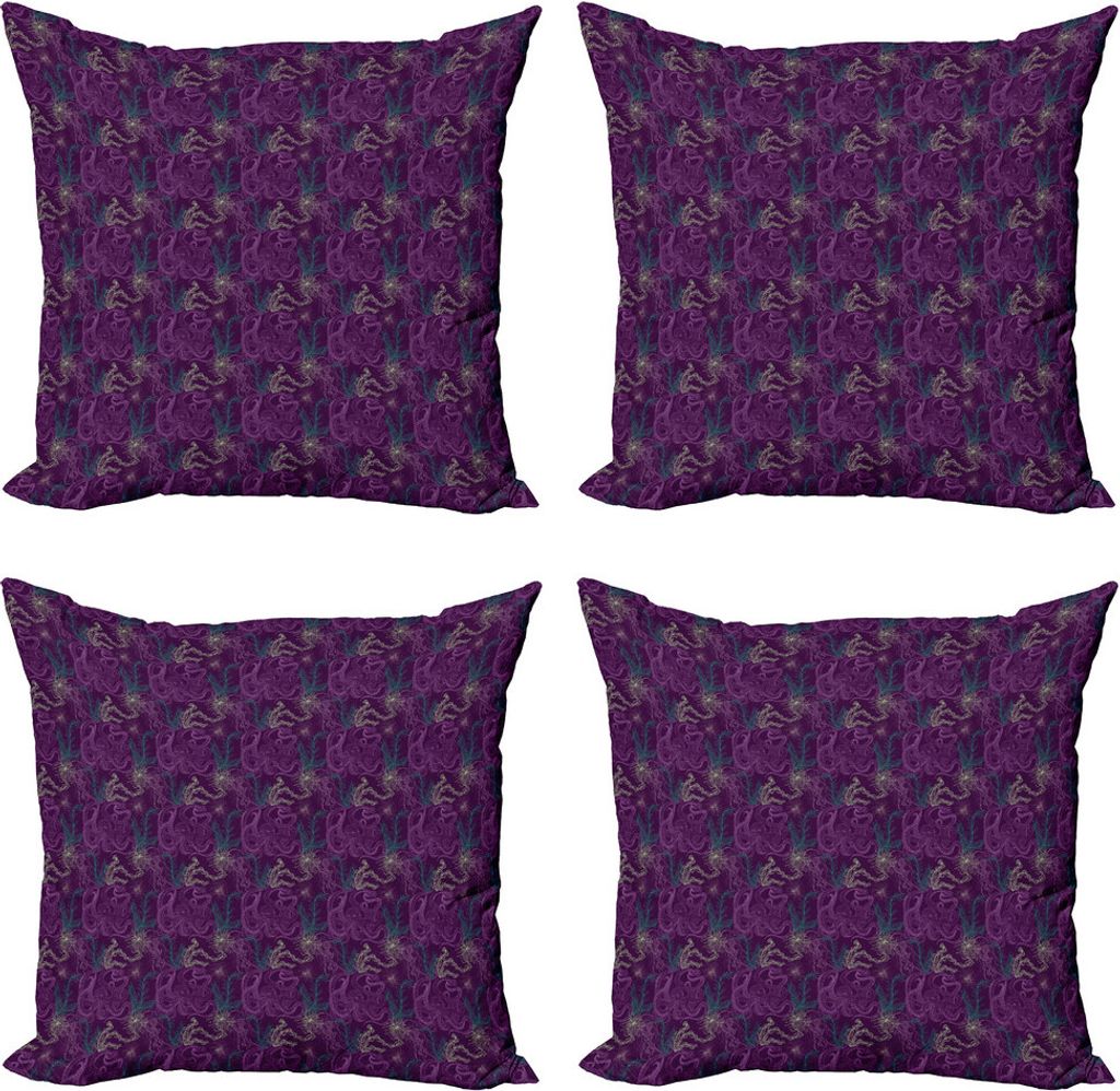 ABAKUHAUS Tintenfisch Kissenbezug Set (4 Stück), Sea Wildlife, Moderner Doppelseitiger Digitaldruck, 50 cm x 50 cm, Dark Purple Hellgrün