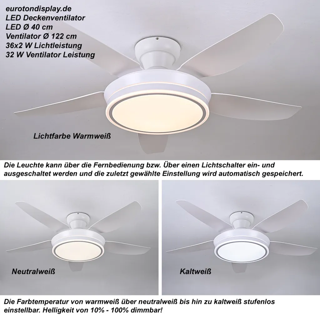 Ventilateur de plafond LED 4540-1 blanc avec télécommande et 6 vitesses