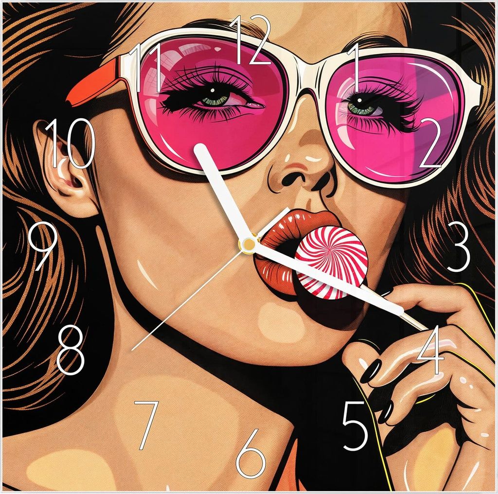 Wanduhr aus Glas mit Motiv Frau Mit Lollipop- 30 x 30 cm - inkl. Aufhängesystem