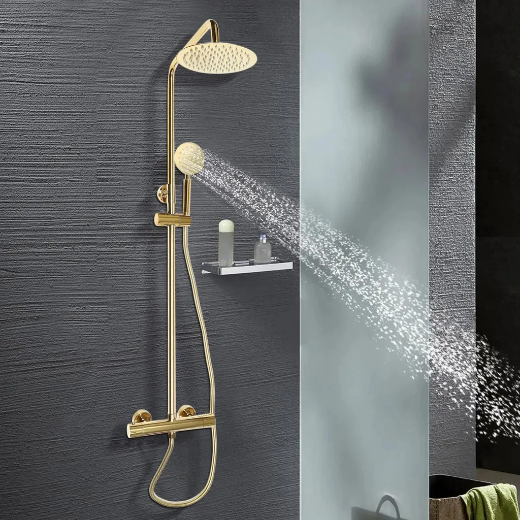 Colonne de douche dorée thermostatique avec grand ciel de pluie et douchette - 8