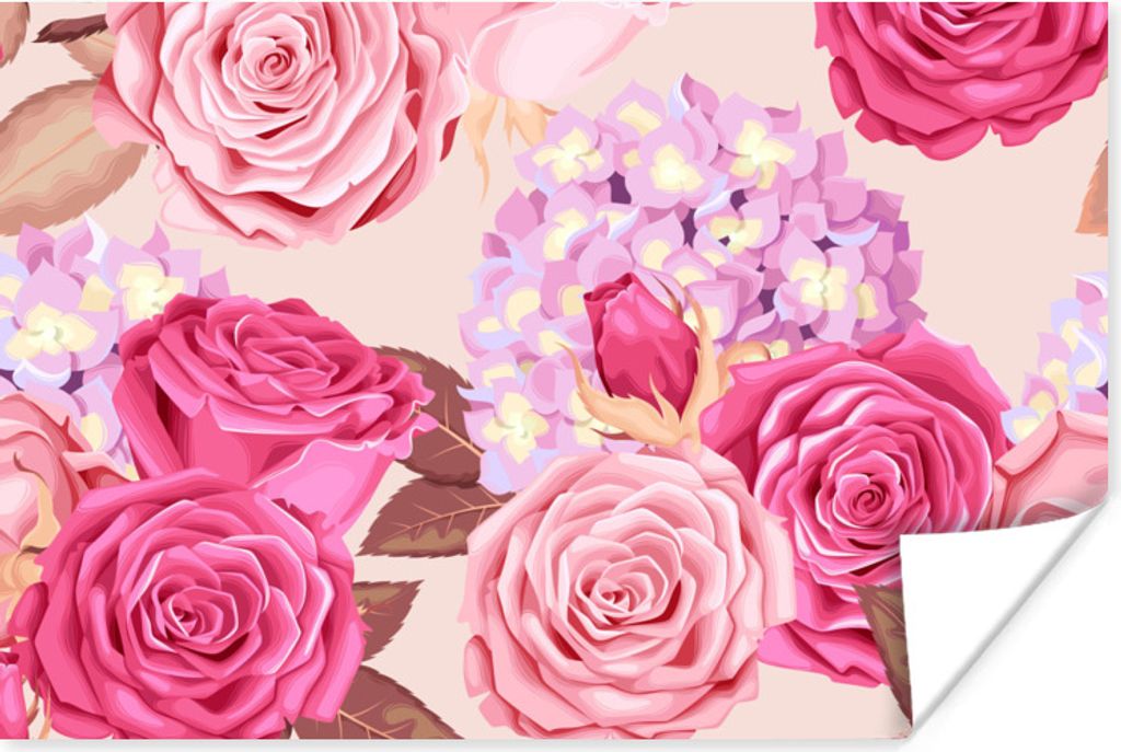 MuchoWow Poster Rosen - Hortensien - Blumen - Rosa 90x60 cm - Schlafzimmer