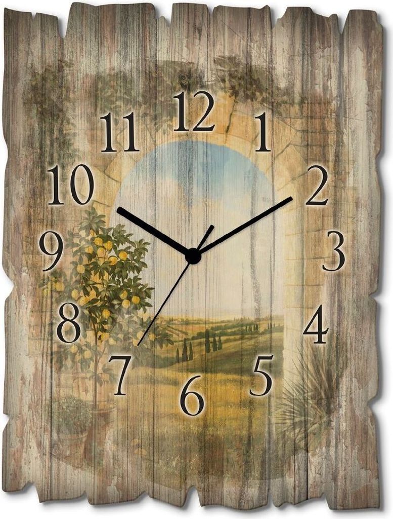 ARTland Holz Wanduhr Funkuhr - schwarzer Zeiger Zitronenbaum vorm Torbogen II Größe: 30x40 cm