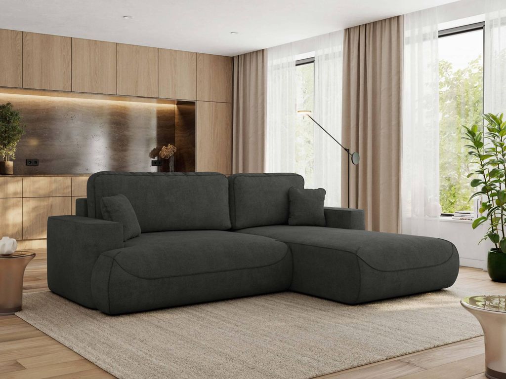 MKS MEBLE Ecksofa OVO mit Schlaffunktion und Bettkasten, Dunkelgrau Struktur, L-form Couch, 4-Sitzer Ecksofa, 271x195x95 cm - Rechts Seite