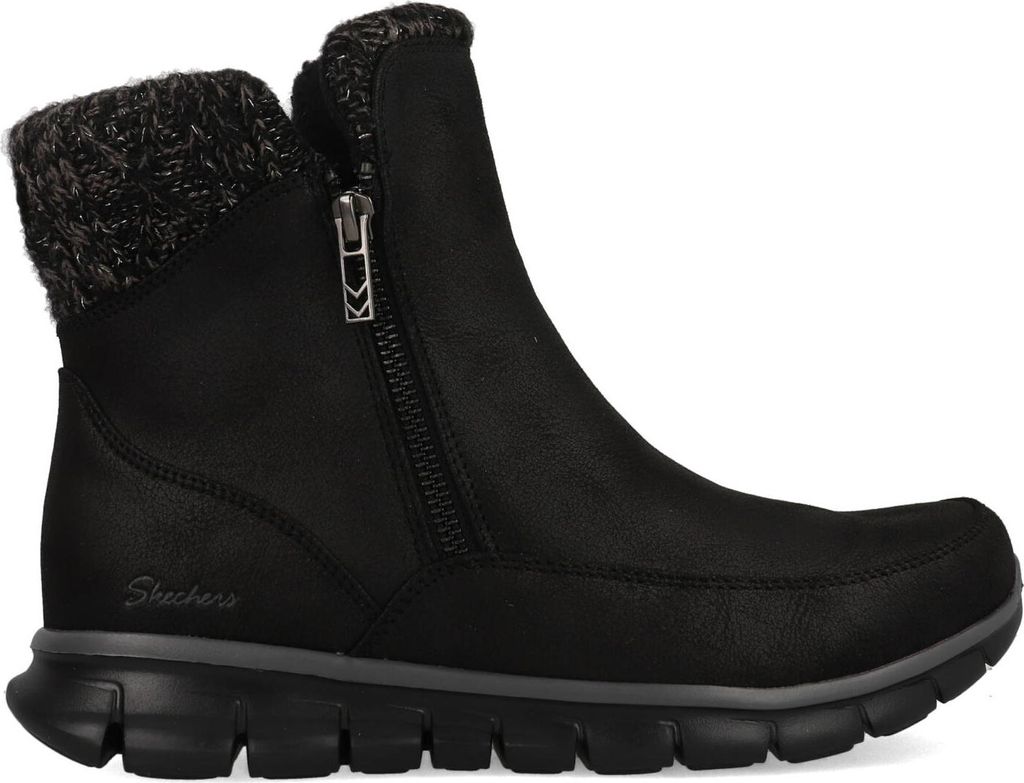 A black Skechers winter boot with a knitted cuff and a side zipper, shown against a white background.