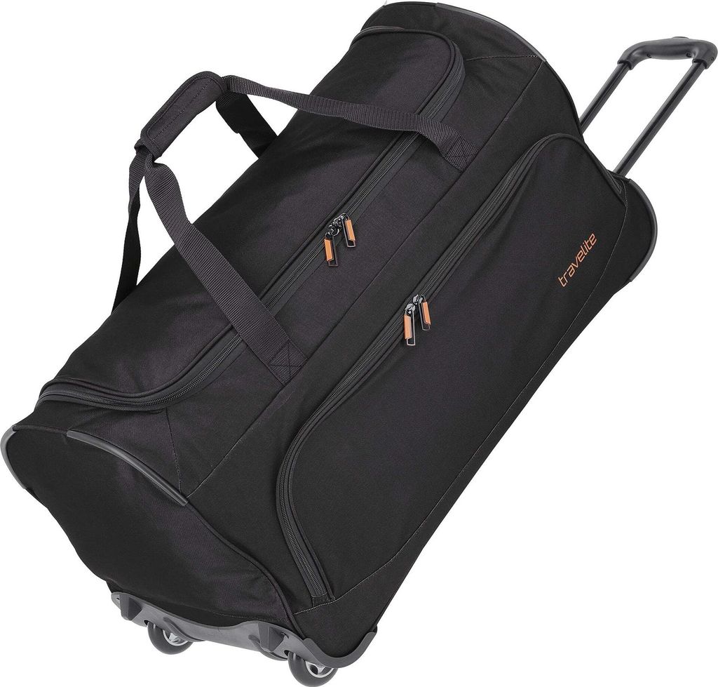 A black travel duffel bag with wheels and a retractable handle, shown at an angle against a white background.