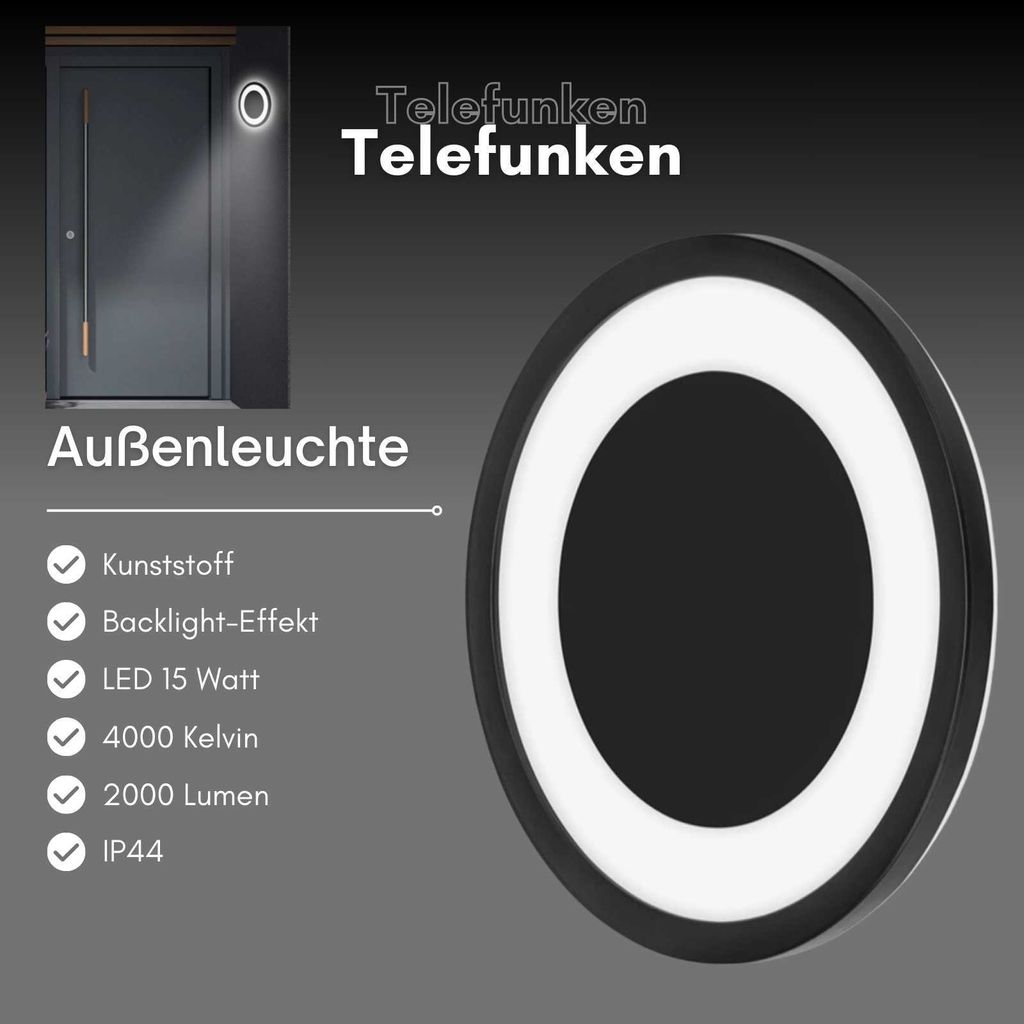 Telefunken LED Außenleuchte Wandlampe Lissabon Schwarz Ø28cm IP44 15W 2000lm neutralweiß 4000K Backlight