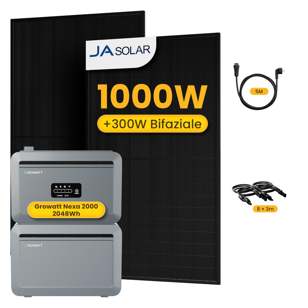 Powerness Balkonkraftwerk mit Speicher: Growatt NEXA 2000 Speicher und NEXA2000E Erweiterungsakku & 2x JA Solar 500W Bifacial Glas-Glas Module