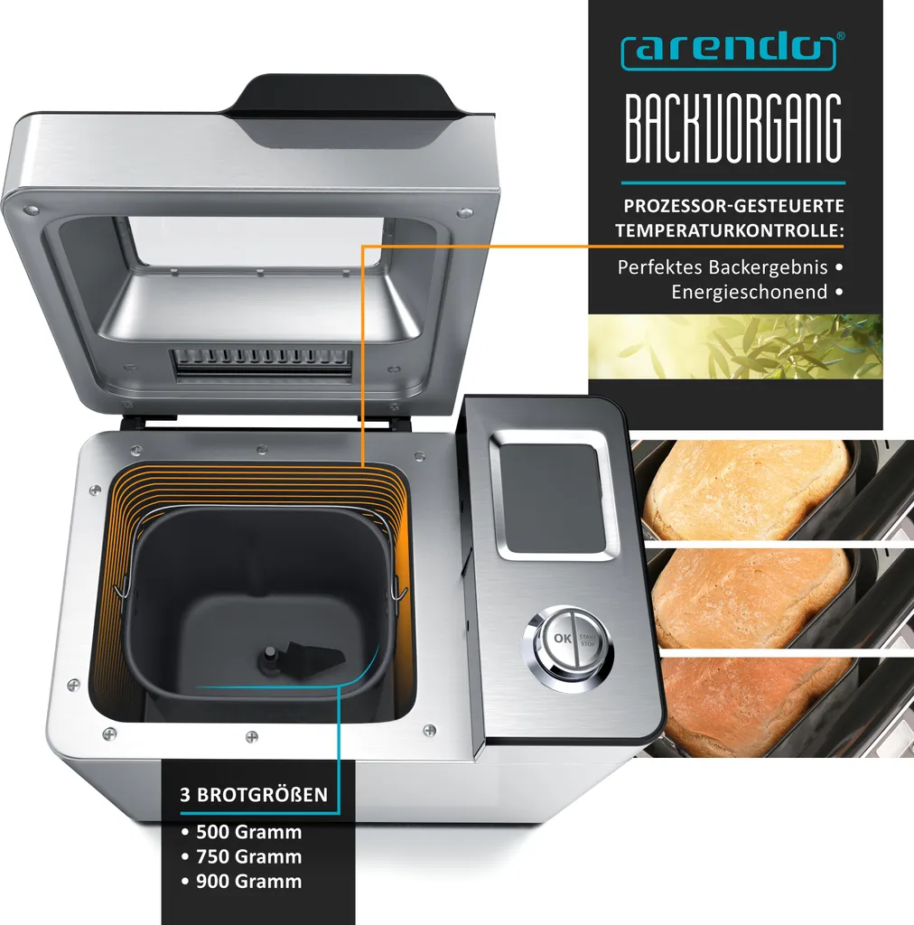 Arendo Bread Maker 1kg: 25 Funzioni Automatiche e Design Acciaio - 4