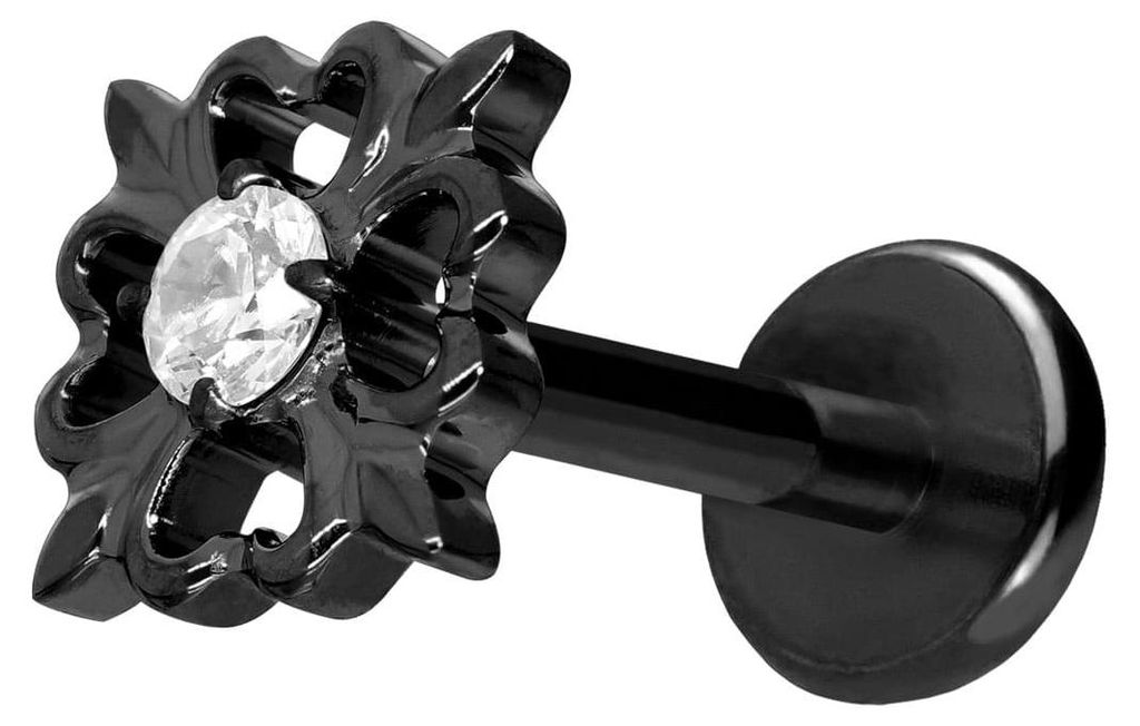 Ohrpiercing, Nasenpiercing Titan Labret mit Push Fit KLEEBLATT Schwarz Stablänge: 9mm | Stabstärke: 1mm