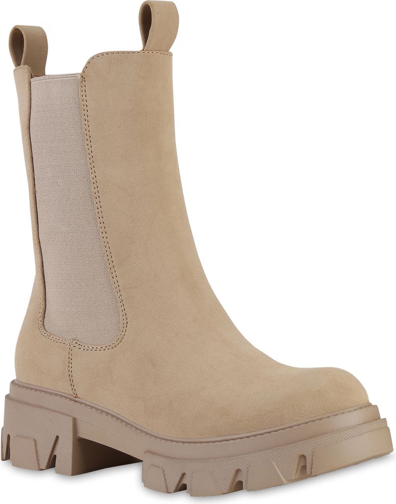 VAN HILL Damen Plateau Boots Stiefeletten Profil-Sohle Stiefel Schuhe 841348, Farbe: Khaki, Größe: 39