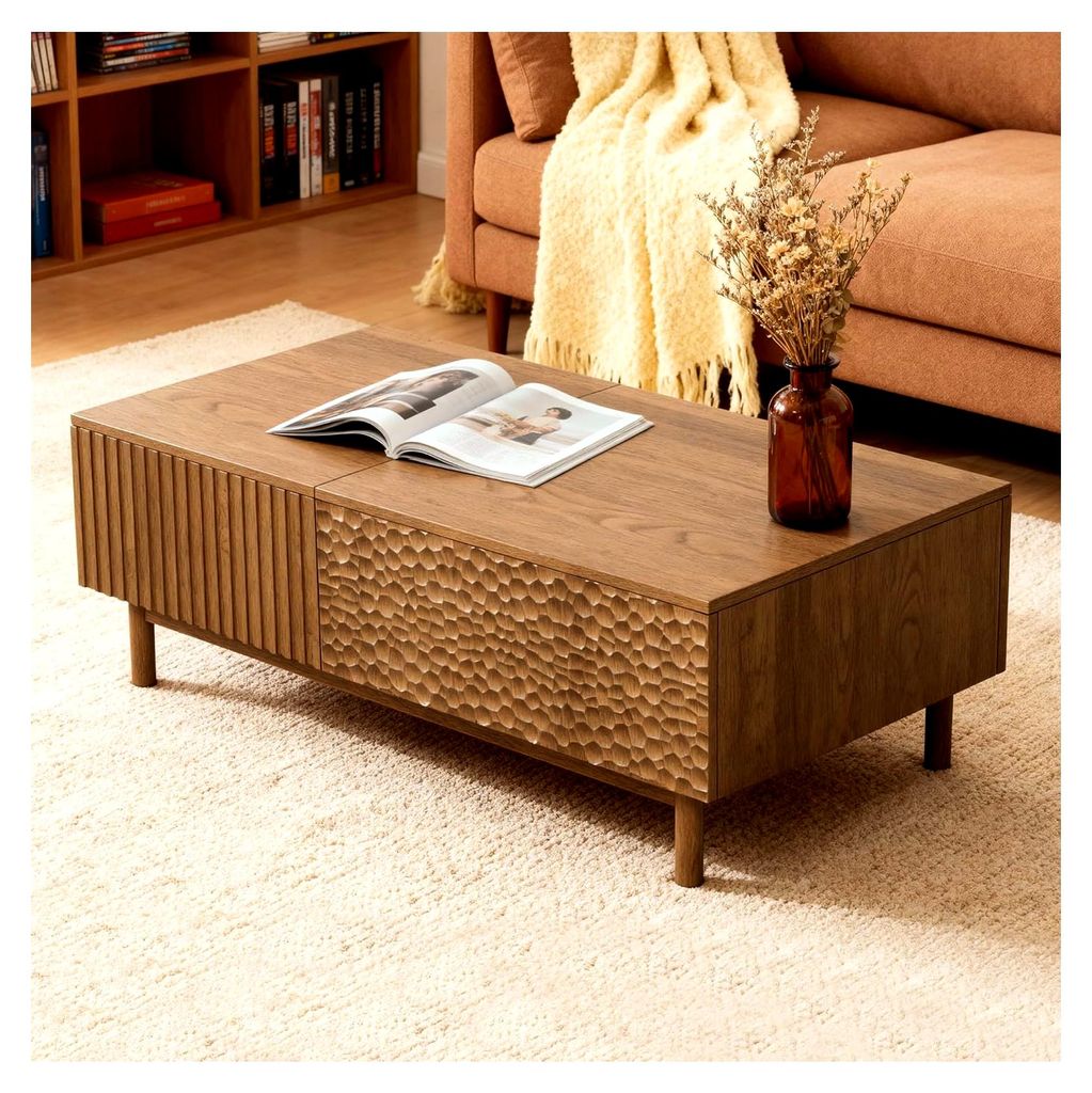 Höhenverstellbarer Couchtisch mit Fischschuppen-Design und großzügigem Stauraum, Nussbaumfarben 130x70x48cm, skandinavischer Wohnzimmertisch als...