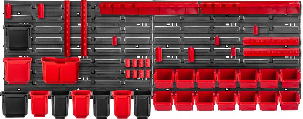 A wall-mounted storage system with multiple bins and shelves.