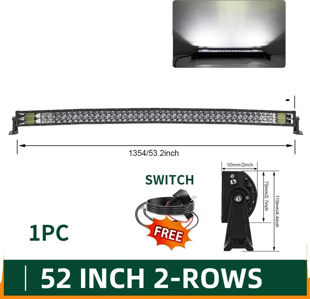 Barre LED Incurvée 52 Pouces Double Rangée IP68 avec Faisceau de Câblage