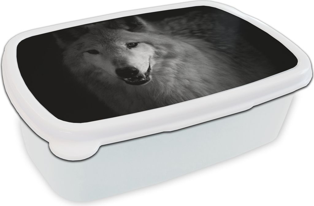 MuchoWow Lunchbox Brotzeit Brotdose 17x11 cm Nahaufnahme eines arktischen Wolfs - schwarz und weiß Kinder Brotzeitdose - Lunch Box - Kinder - Sa...