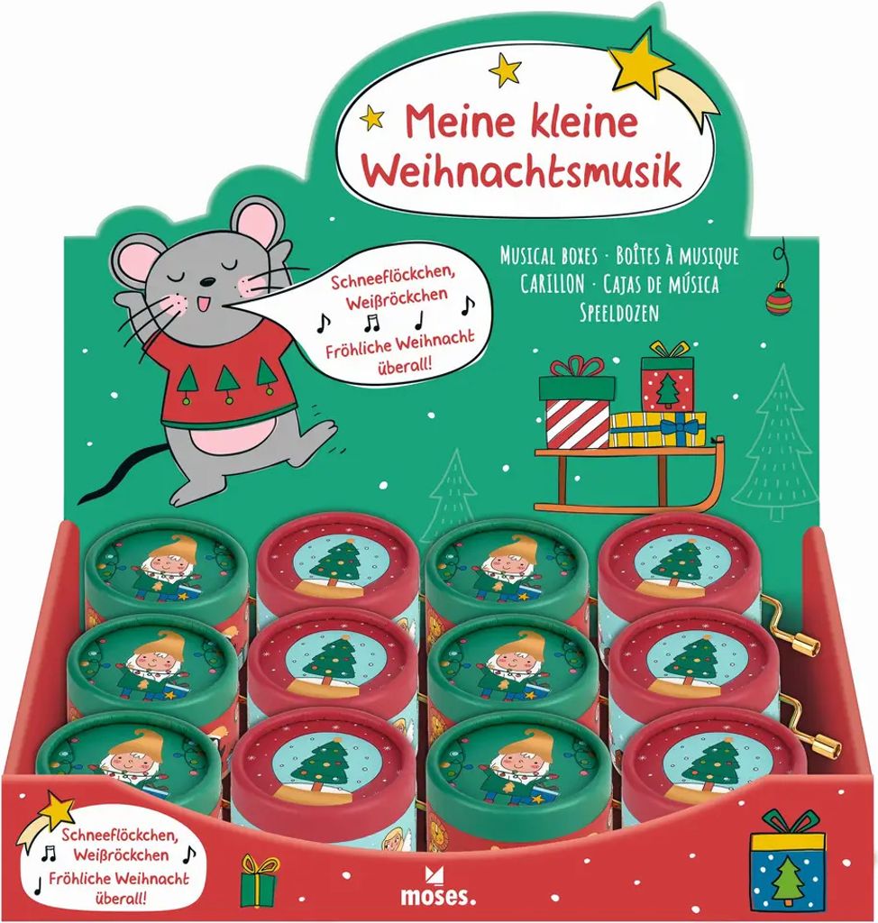 A display of small musical boxes with Christmas-themed designs, featuring a cartoon mouse and gnomes.