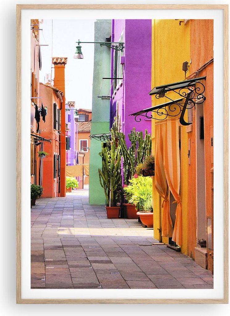 Gerahmtes Poster - Rahmen in heller Eiche - Sommer Straße Haus - 70x100 cm - Wand Bild - Wanddeko - Wandbilder - Wandposter - Bilderrahmen - Bilde...