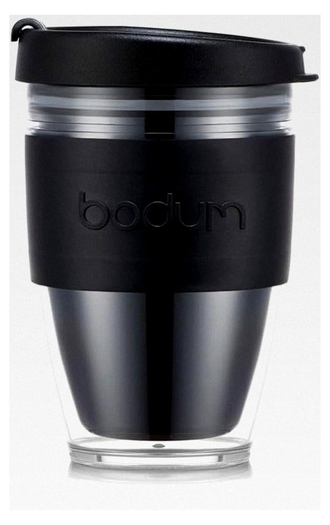 Reisebecher JOYCUP, doppelwandig, 0,25 l, schwarzes Band, Kunststoff, Schwarz