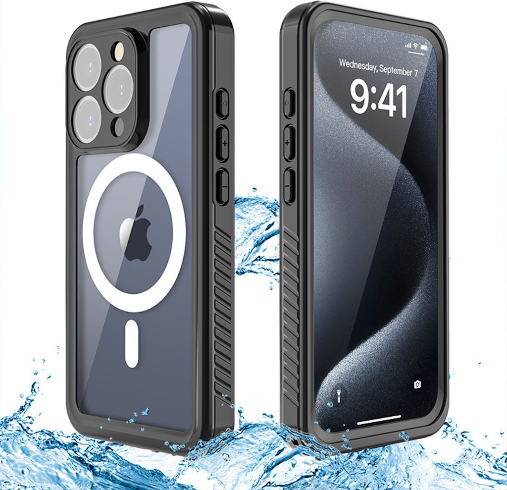 Two views of a black iPhone case with a clear back, showing the Apple logo and camera lenses, with water splashes around the bottom.