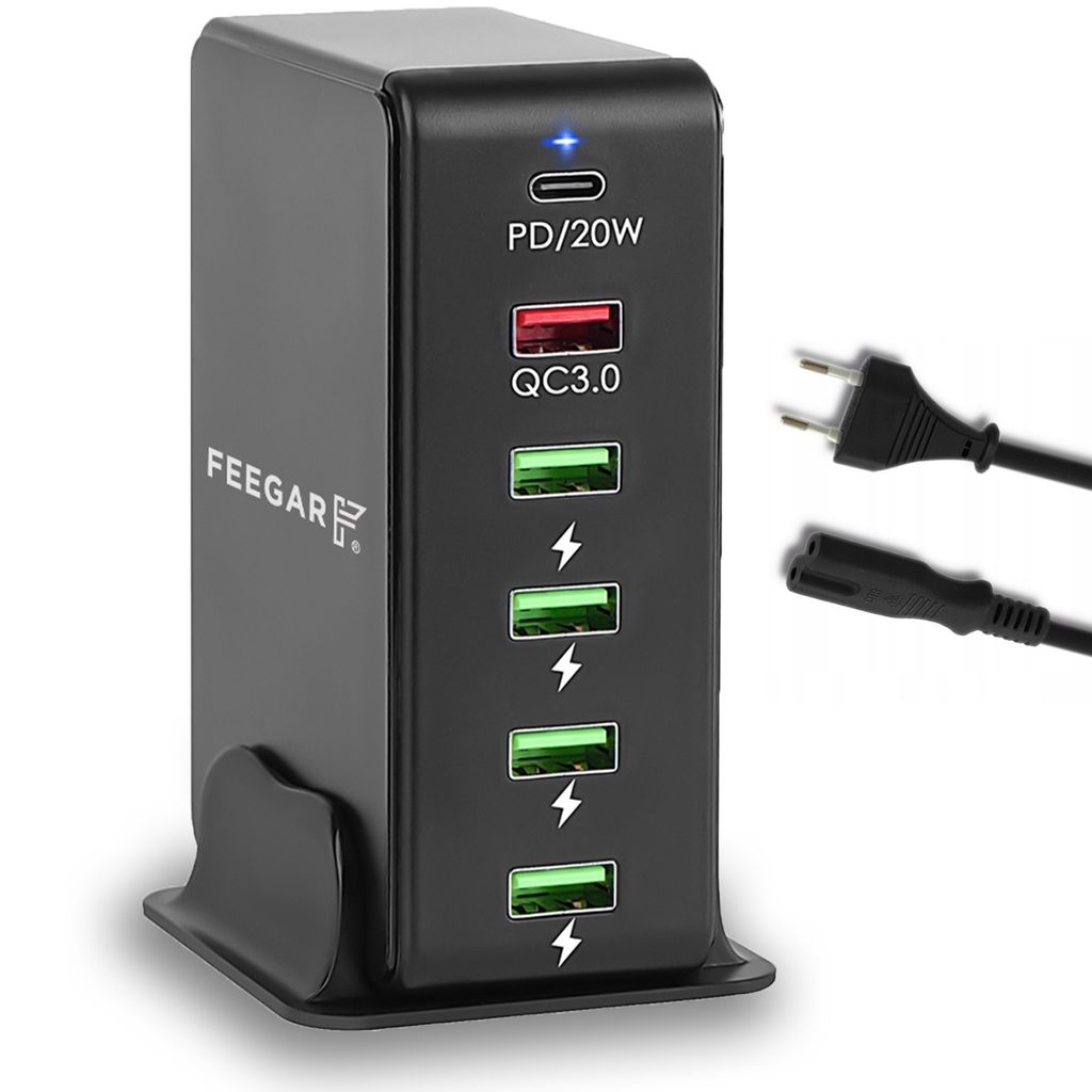 Feegar Tower 86W Ladestation USB 6-Port Desktop Wandladegerät,Tragbarer Mehrfach Port USB Ladegerät mit 6 USB-A und USB-C PD Quick Charge QC 3.0