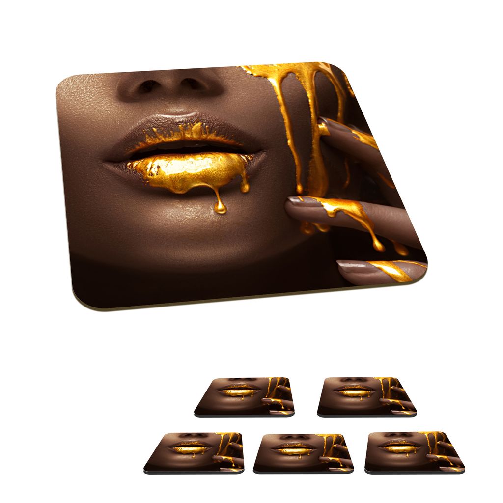 KitchenYeah Glasuntersetzer Quadratisch 6er Set Frau - Gold - Lippen 10x10 cm Untersetzer für Gläser - Getränkeuntersetzer - Tischplattenschut...