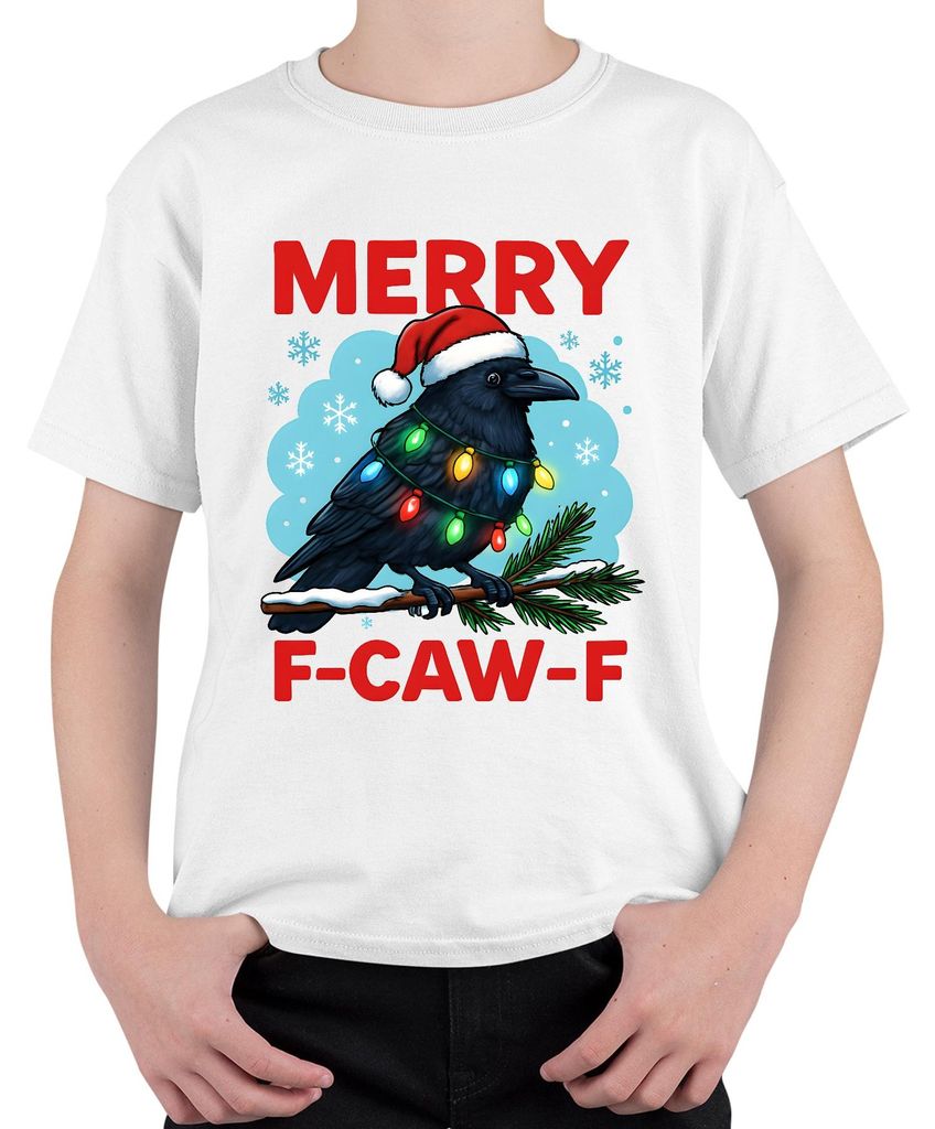 MERRY F-CAW-F Rabe Krähe Lichterkette Weihnachten Spruch lustig Uni Kinder T-Shirt, Weiß, 140
