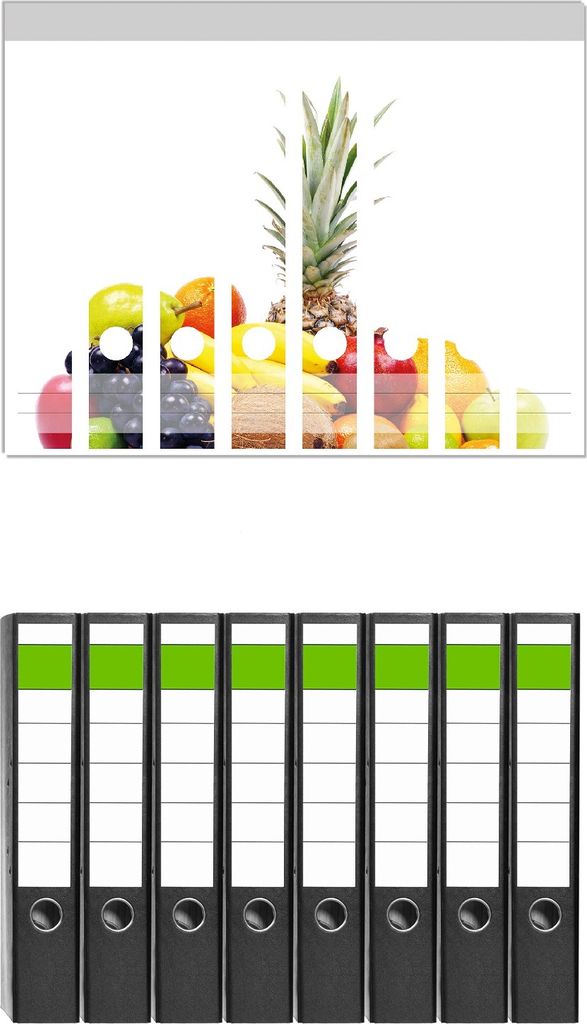 Wallario 8 Stück schmale Ordner inkl. Klebeetiketten mit Motive Gemischtes Obst aus aller Welt - Exotische Obstsammlung - Set mit Rückenschilder...