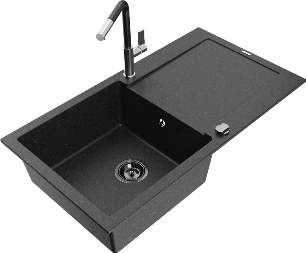Mexen Leo 1 Becken-Granitspüle mit Abtropffläche und Mischbatterie Flora, Schwarz/Silbermetallic - 6501-73-670401-07-B