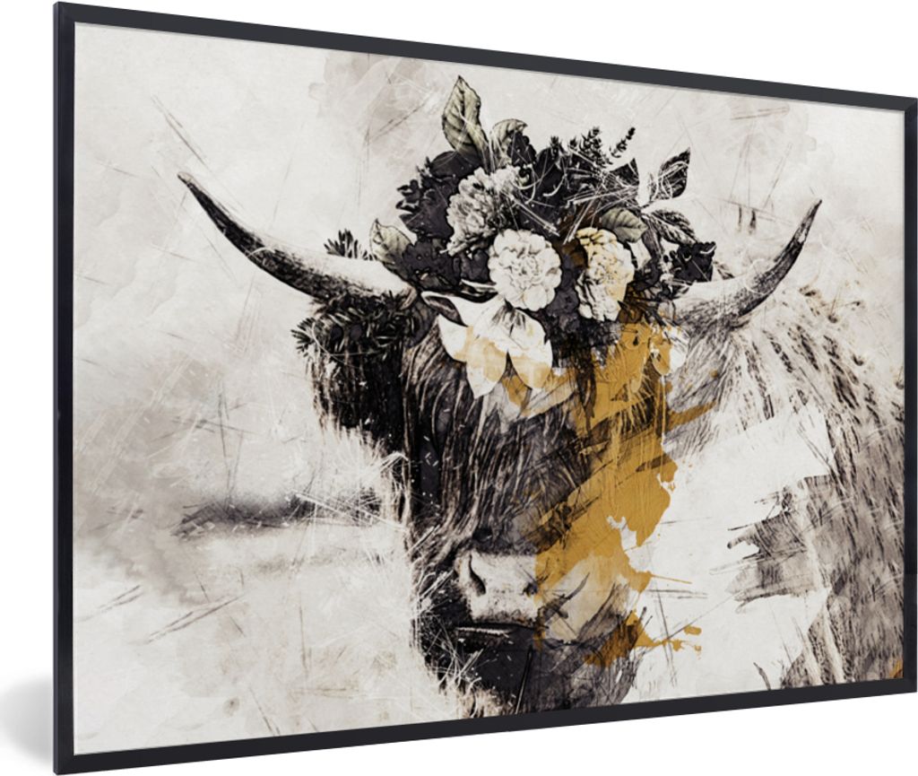 MuchoWow Gerahmtes Poster Schottischer Highlander - Gold - Weiß - Farbe 30x20 cm - Poster mit Schwarzem Bilderrahmen Wandposter Rahmen Foto Bild...