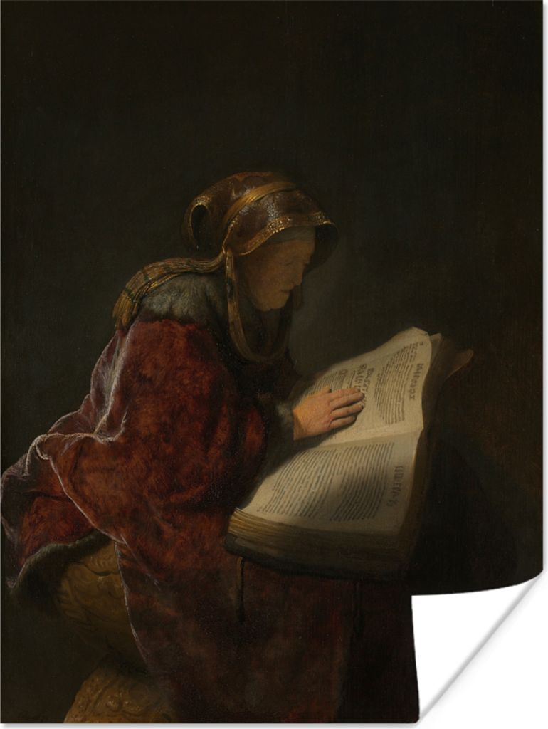 MuchoWow Poster Alte Frau lesend, wahrscheinlich die Prophetin Hanna - Rembrandt van Rijn 90x120 cm - Wohnzimmer