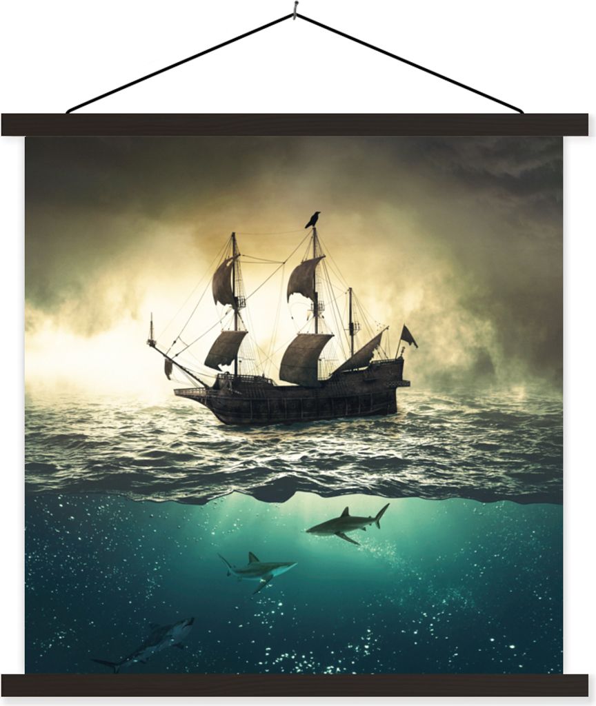 MuchoWow Textilposter Meer - Boot - Hai 40x40 cm mit schwarzem Rahmen - Fotos