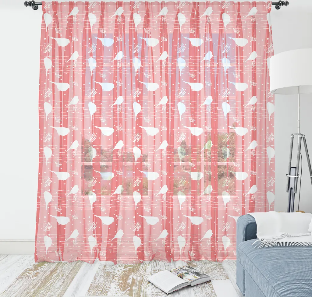 Tapisserie murale anti-plis Oiseaux en Satin, Tissu soyeux Corail 135x274cm