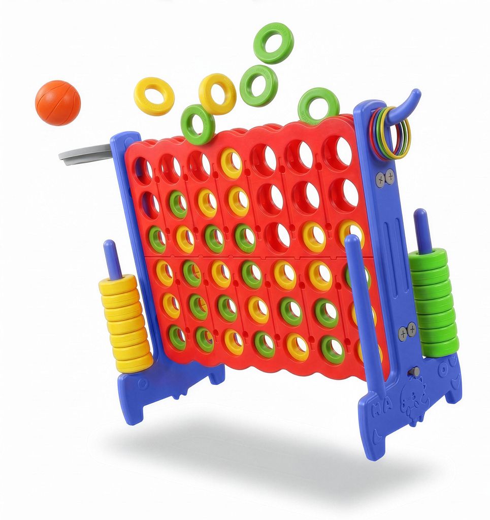 Relaxdays Vier Gewinnt XXL, outdoor, 3in1, Kinder & Erwachsene, HBT 88x121x44 cm, Wurfspiel Basketball & Ringe, rot/blau