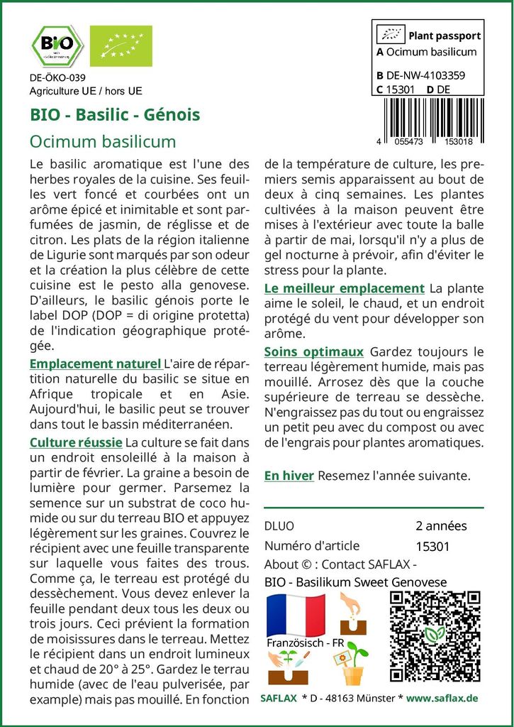 Graines De Basilic Génois Bio SAFLAX - 800 Graines - Ocimum Basilicum - Pour Jardin Et Cuisine