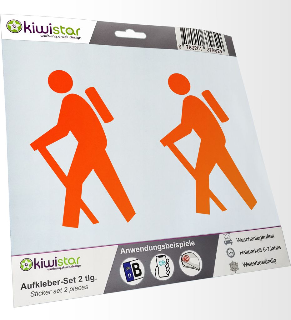 Kiwistar - 2x Kennzeichenaufkleber - neonorange - 21 mm Wanderer - Gehen Aufkleber für Auto, Laptop, Fahrrad, LKW, Motorrad Mehrfarbig JDM Decal R...