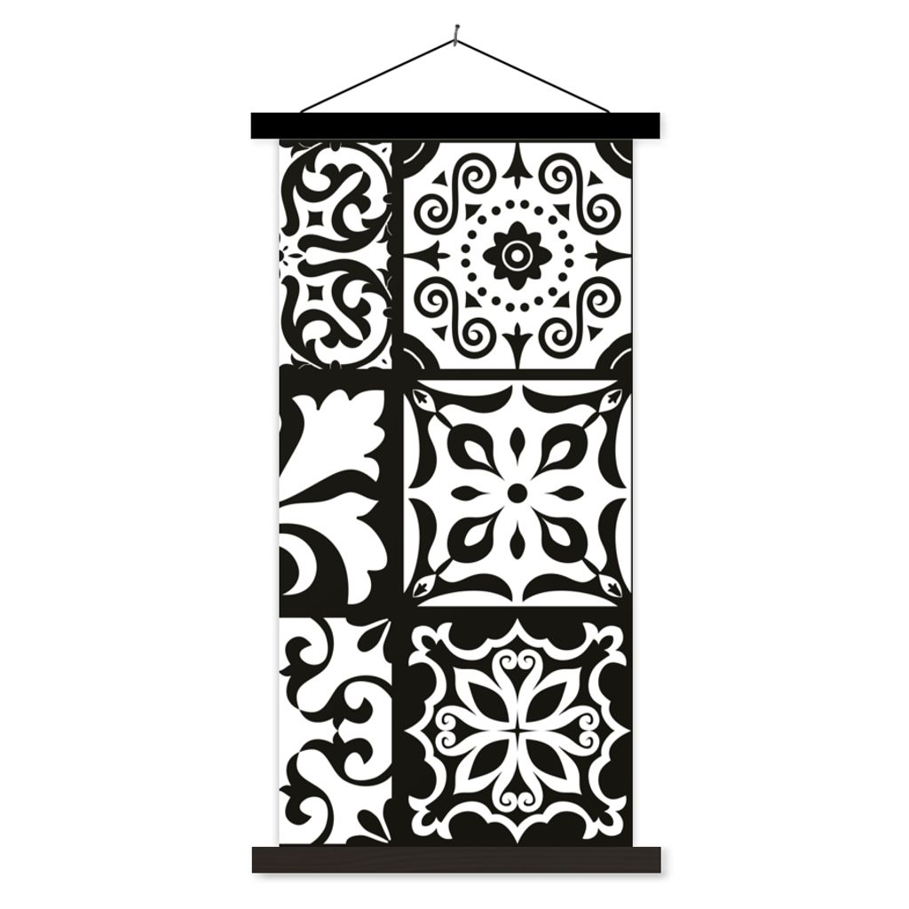 MuchoWow Textilposter Muster - Schwarz - Weiß - Blumen - Abstrakt 60x120 cm mit schwarzem Rahmen - Magnete