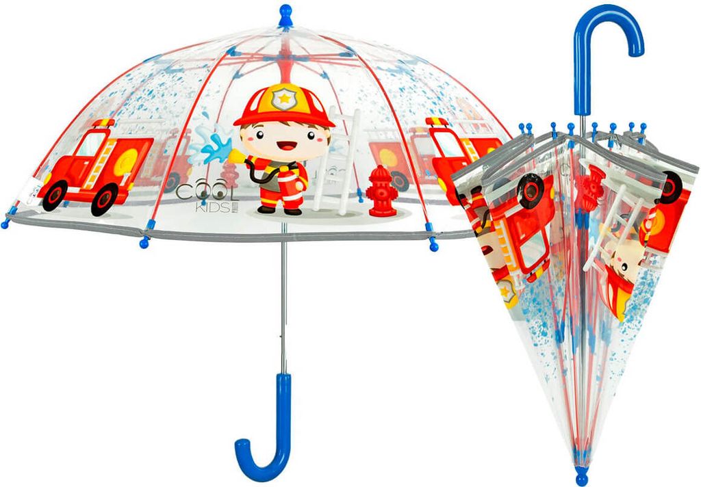 PERLETTI Transparent Kuppel-Schirm Stockschirm Kinder Regenschirm, Feuerwehrmann