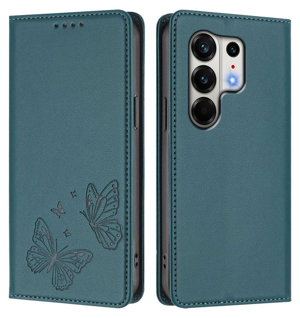 Lederhülle für Tecno Camon 50 Pro 4G, Schmetterling Prägung Leder Brieftasche Schutzhülle mit Ständer Grün