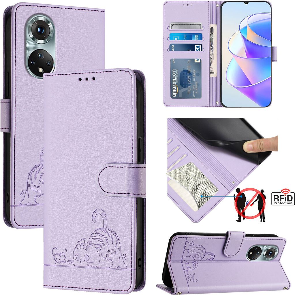 Leder Hülle für Huawei Nova 9/Honor 50 Süße Katze Flip Case Brieftasche Schutzhülle mit Standfunktion Lila