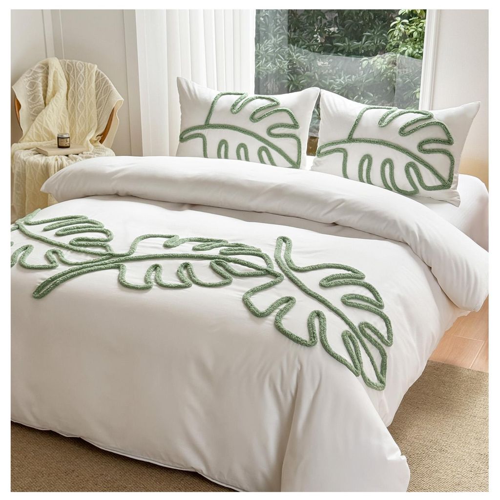Bettwäsche 135X200cm Getuftetes Bettbezug Stickerei Shabby Chic Grüne Blätter Boho Weiches Bettwäsche Set mit Reißverschluss und Kissenbezüge...